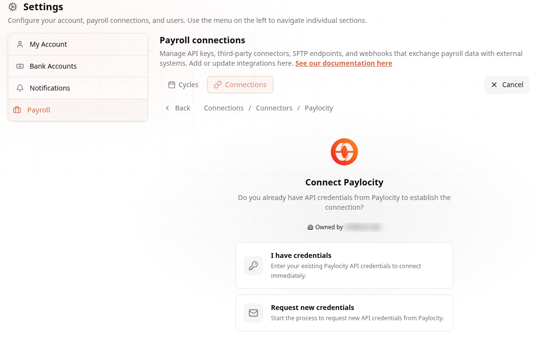 Connect Paylocity — credentials choice